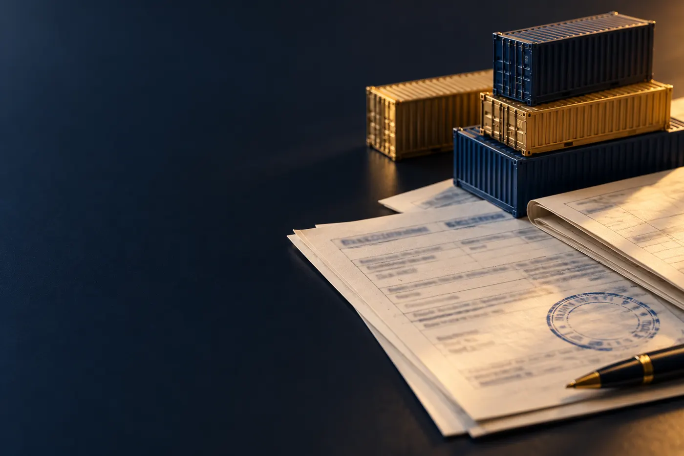Customs and shipping papers with a round stamp beside small container models on a dark desk